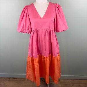 CROSBY by Mollie Burch Pink & Orange Brawley Tiered Midi Dress Preppy Small